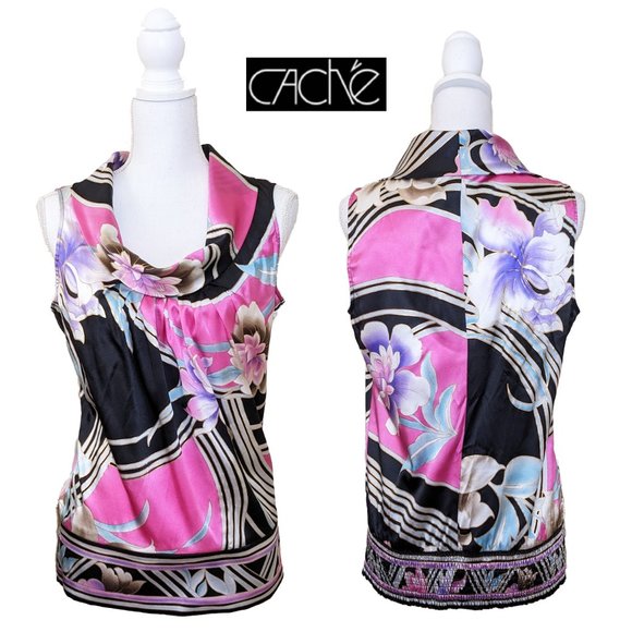 CACHE Silk Satin Top with Draped Collar in Black & Orchid Pink NWT - Picture 1 of 8